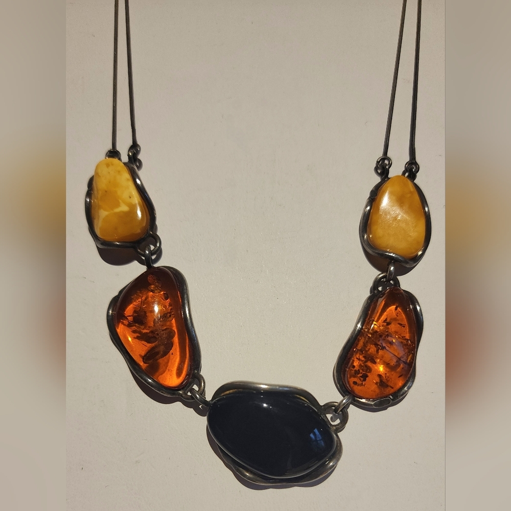 Vntg Sterling Scandi Modernist Natural Amber 18 In Necklace